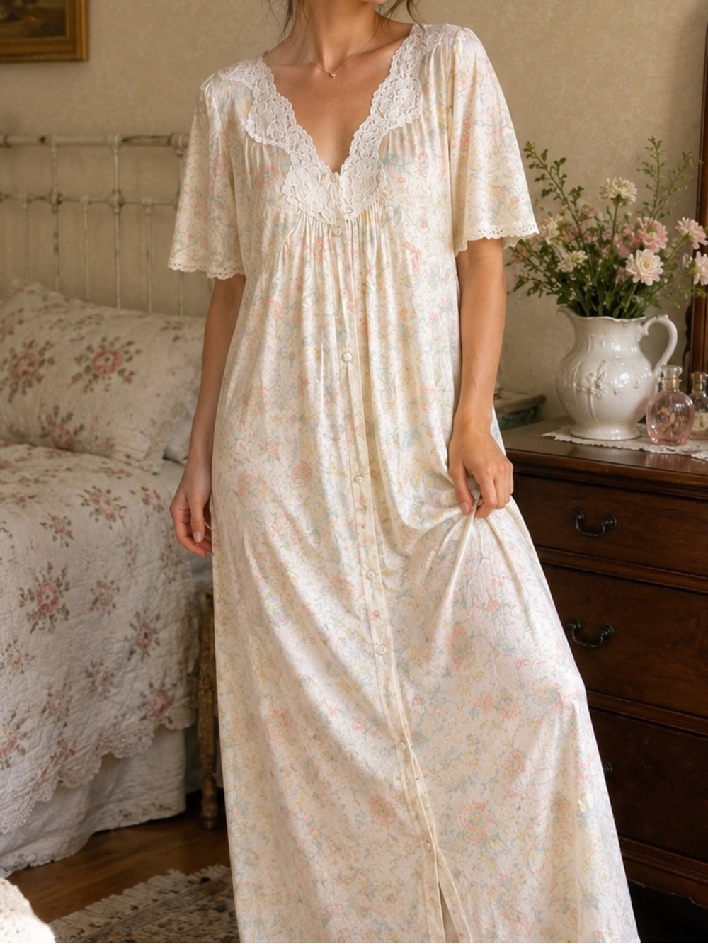 Vanity Fair Pastel Feminine Floral Cottagecore Lace Trim Vintage Nightgown Sz M